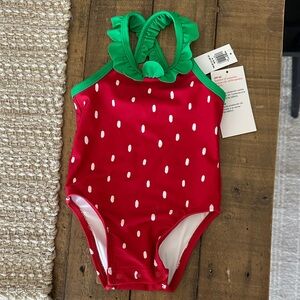 Strawberry One-Piece Swimsuit with Green Ruffle